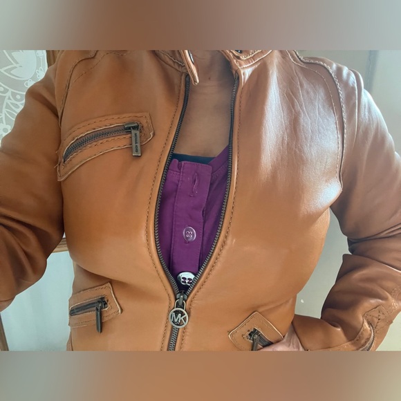 Michael KORS Leather Moto Jacket Biker Coat MK Khaki Cargo Zipper Retro City VTG - Picture 5 of 16